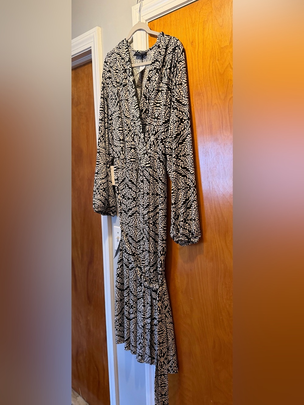 Lane Bryant Black & Cream Botanical Print Midi Wrap Dress